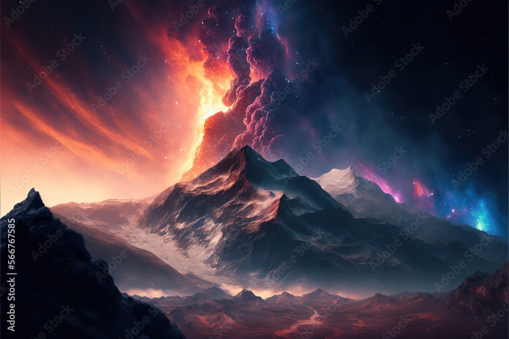 fantasy mountains in neon color in winter AI
