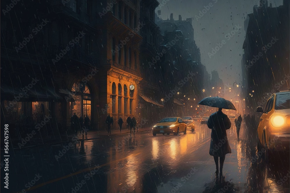 Naklejka premium a woman with an umbrella is walking in the rain in the city at night with cars and people walking on the street in the rain. generative ai