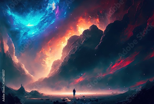 Fotografia dreamlike gradient sky at night time, a man stargazer watch at starfield, idea f