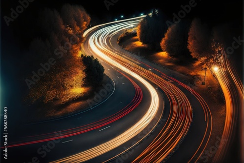  a long exposure shot of a highway at night, with light trails on the road and trees on either side The background is dark, creating a contrast between the bright l photo