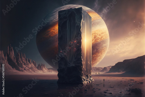 A huge monolithic stone standing on an uncharted planet AI photo