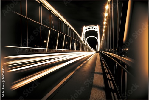  a long exposure photo of a bridge at night with light streaks on the bridge and the lights of the cars passing by on the bridge.  generative ai photo