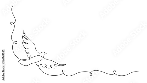 One continuous line drawing of flying dove. Bird symbol of peace and freedom in simple linear style. Romantic and love wedding concept. Editable stroke. Hand draw vector illustration