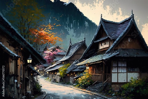 painting style illustration of a vintage old Japanese town with beautiful nature in spring time when cherry tree blossoming, Generative Ai