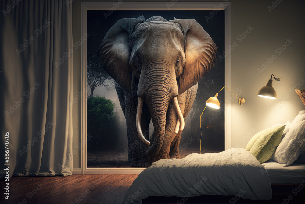 Ilustration of an elephant is entering a room,dream concept.ia generated