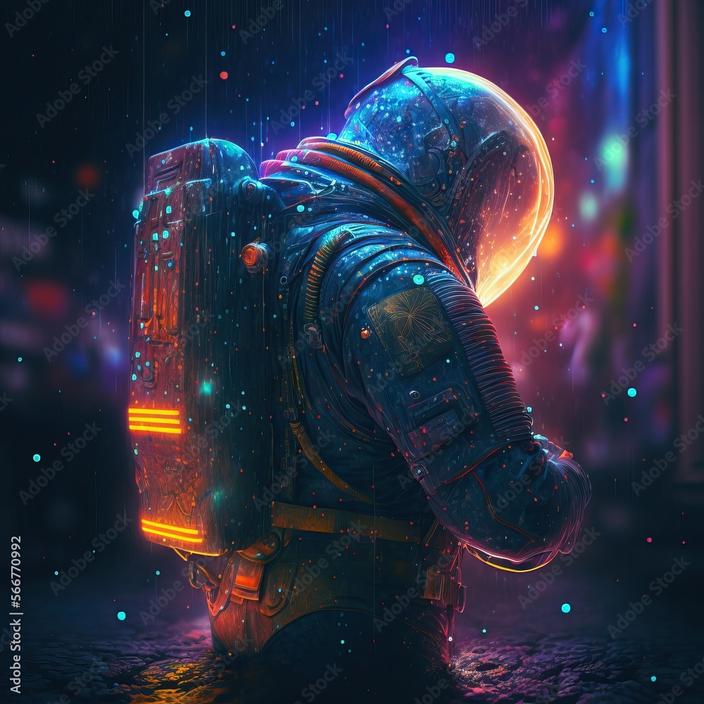 A man in a protective suit on the background of a neon city. Generative AI A man in a protective suit on the background of a neon city. Generative AI