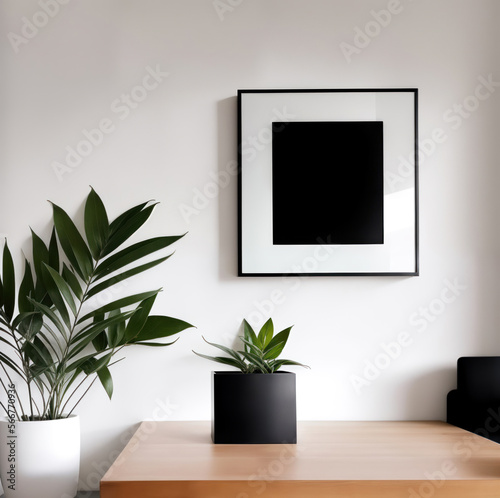 Wooden table with potted plant, square poster on the wall. Modern interior. Generative Ai © Maksim Kostenko