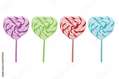 Spiral heart shaped candies. Lollipops. Vector illustration isolated on white background.