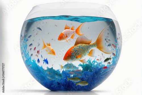  a fish in a bowl that is filled with water and other things to see in the water and on the bottom of the bowl is a white background.  generative ai