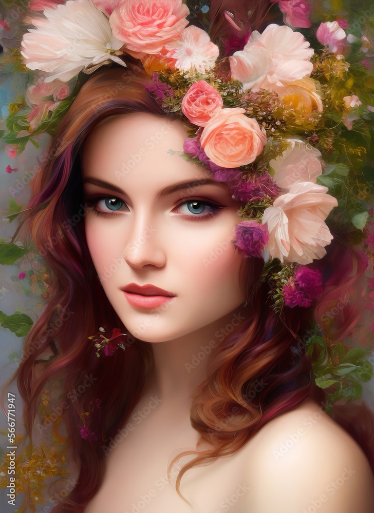 Fototapeta premium Artistic portrait of a beautiful woman surrounded by flowers. Portrait of a beautiful girl. 