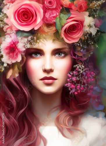 Artistic portrait of a beautiful woman surrounded by flowers. Portrait of a beautiful girl. 