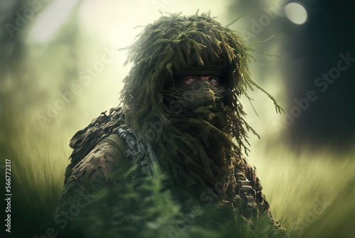 a soldier in ghillie suit, Generative Ai photo