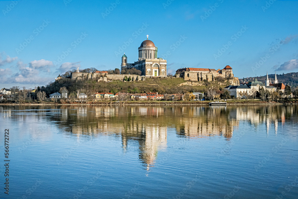 Esztergom Basilica with reflection in Danube river, Hungary
