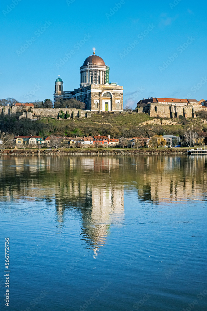 Esztergom Basilica with reflection in Danube river, Hungary