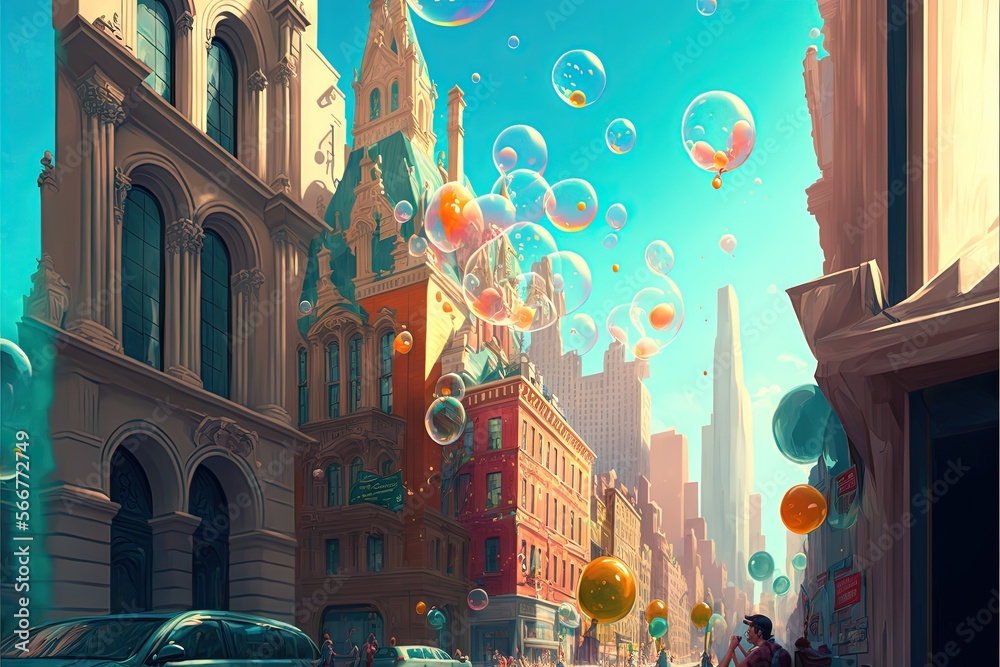  a painting of a city street with bubbles floating in the air and a man walking down the street in front of a building with a clock tower.  generative ai