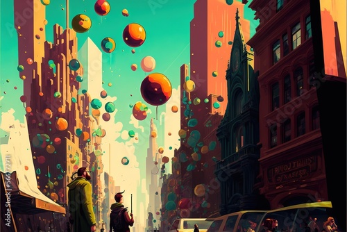  a painting of a man and a woman standing in a street with balloons floating in the air above them and buildings in the background, and people walking on the street.  generative ai