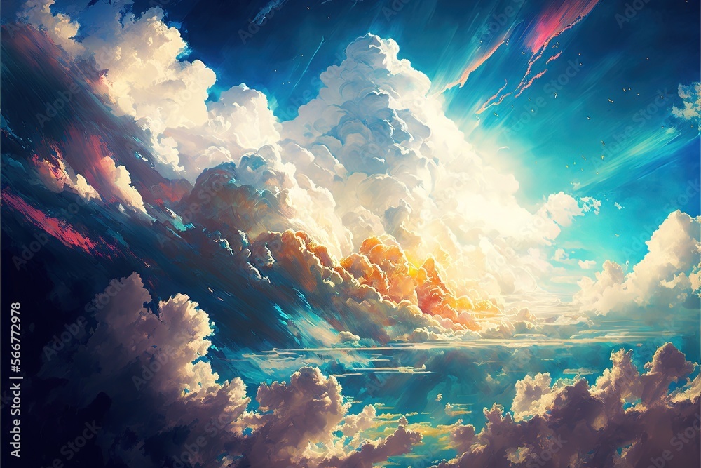 a painting of a sky with clouds and sun shining through the clouds and ...