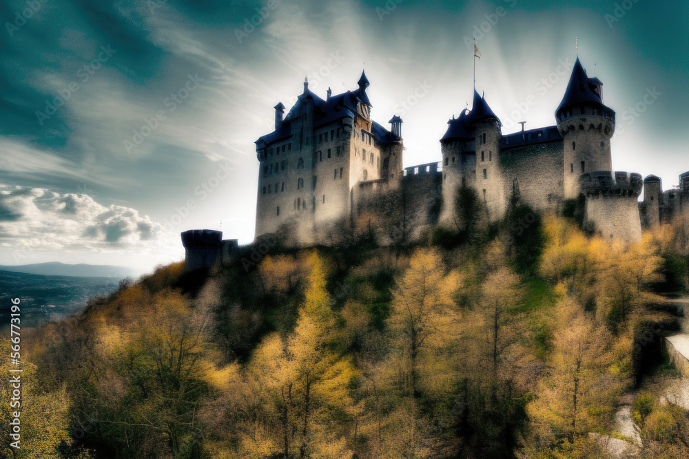 Looming, menacing castle over a forest