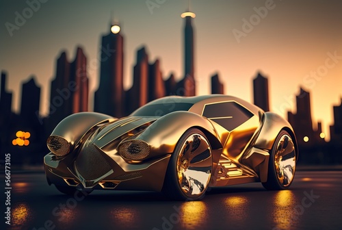 hi-tech future car in gold color with cityscape background, Generative Ai © QuietWord