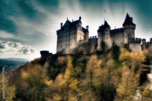 Looming  menacing castle over a forest