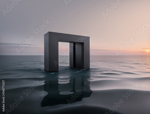 Abstract minimalist background  landscape with polished chrome objects in the water. Futuristic wallpaper. Generative Ai