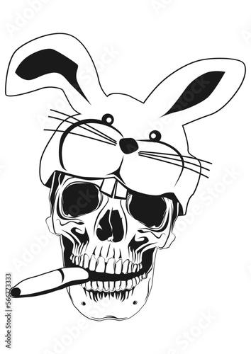 Skull wearing bunny ears and smoking a cigar. Vector.