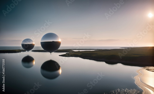 Abstract minimalist background  landscape with mirror sphere in the water. Futuristic wallpaper. Generative Ai