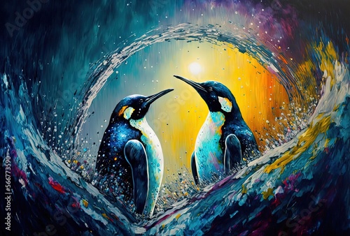 paint like illustration of smiley animals with color splash oil painting style, penguin , generative Ai