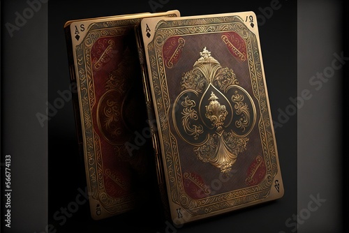  two gold playing cards with red and gold designs on the sides of each playing card, both of which has a gold leaf design on the front and back of each playing card. generative ai