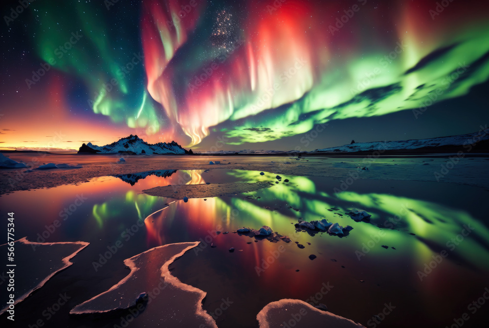 Kolorowa zorza polarna na Islandii - obrazy, fototapety, plakaty 