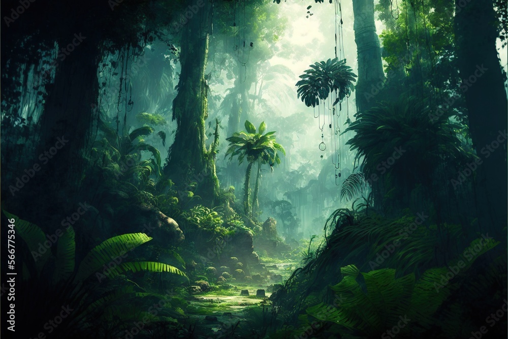 a painting of a jungle scene with a lot of trees and plants and a stream running through the center of the scene, with the sun shining through the trees. generative ai a painting of a jungle scene with a lot of trees and plants and a stream running through the center of the scene, with the sun shining through the trees. generative ai