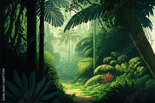  a painting of a jungle scene with a path through the trees and plants to the right of the picture is a path through the trees and to the left.  generative ai