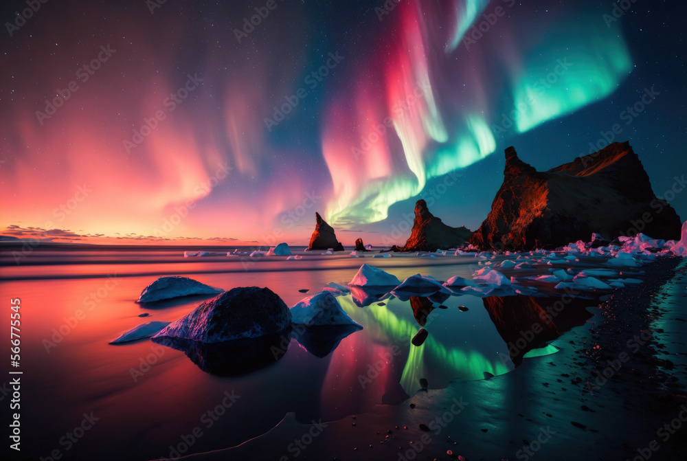 Kolorowa zorza polarna na Islandii - obrazy, fototapety, plakaty 