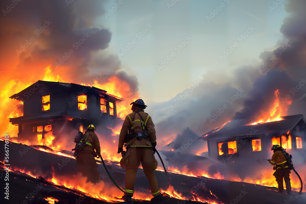 Forest fire. Firefighters  extinguishes a burning house. AI generated