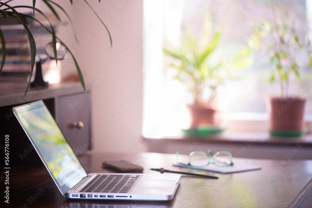 Fototapeta premium A home office with laptop, glasses on a wooden desk and plants in the background