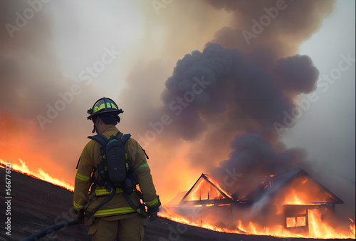 Forest fire. Firefighter back view extinguishes a burning house. AI generated