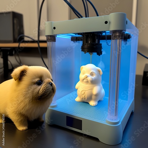 3D printer at work prints a cute pet dog other new technology serial production puppy animal mammal yap Generativ AI