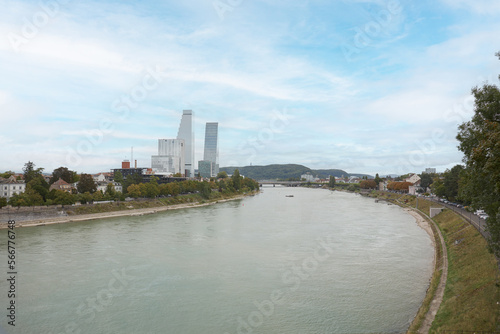 View of the Rhine river as it passes through the city of Basel in Switzerland.