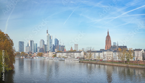 View of the Frankfurt skyline on a sunny morning.