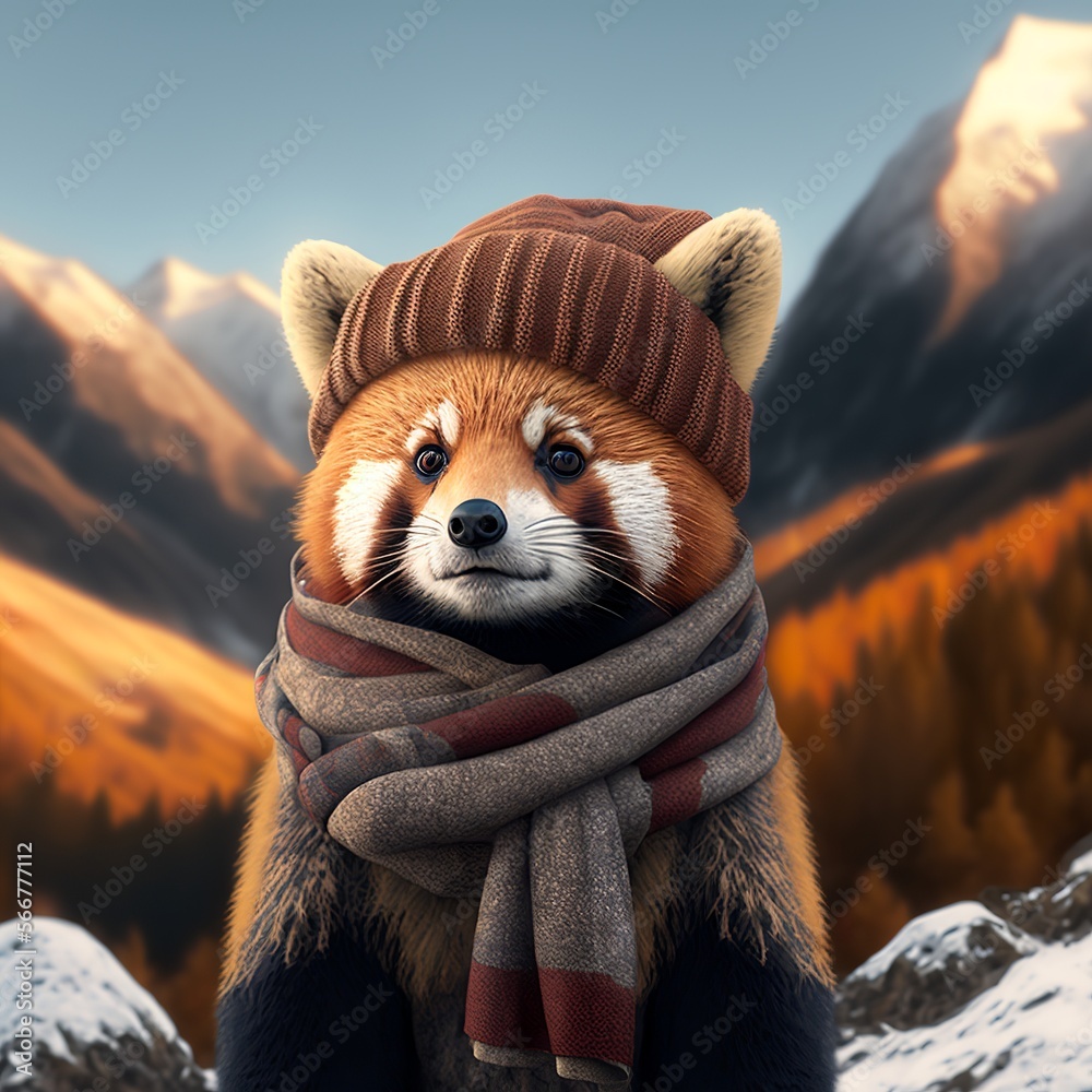 Funny red panda in the alps wearing hat and scarf animal mountains cold