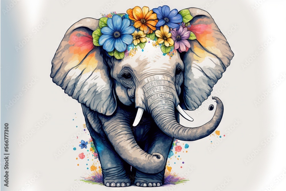 an elephant with a flower crown on its head and a white background with ...