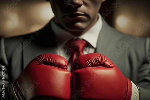 businessman with boxing glove, enterprising fighter, facing challenges, Generative AI © nishihata