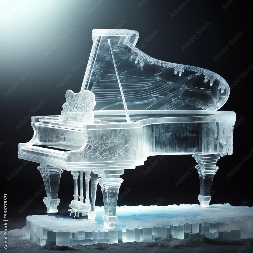 piano made of ice sculpture, detailed elaboration ice cold frozen