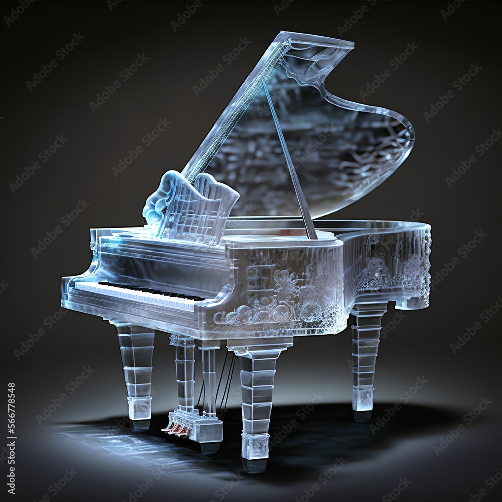 piano made of ice sculpture, detailed elaboration ice cold frozen