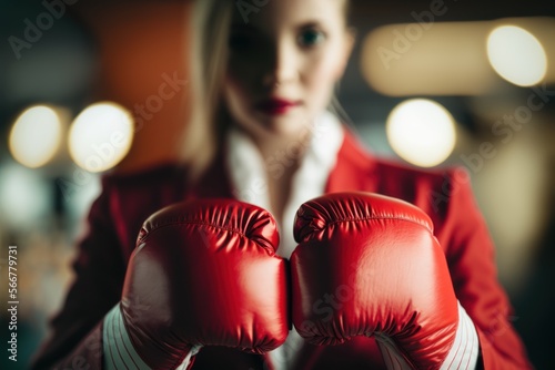 businesswoman with boxing glove, enterprising fighter, facing challenges, Generative AI photo