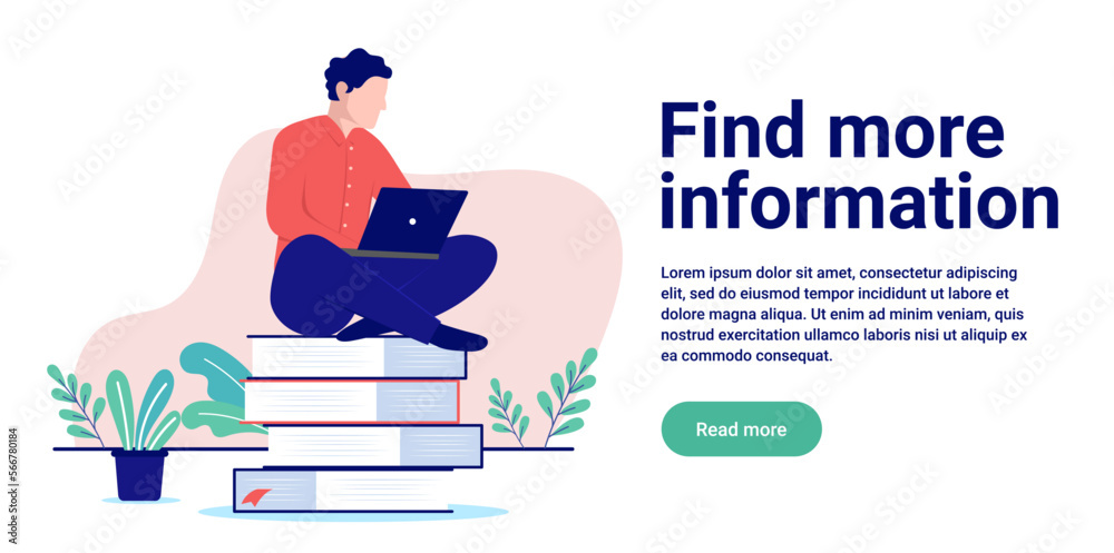 Find more information - Man sitting on books with legs crossed and laptop, reading and doing research. Flat design vector illustration with white background and copy space for text