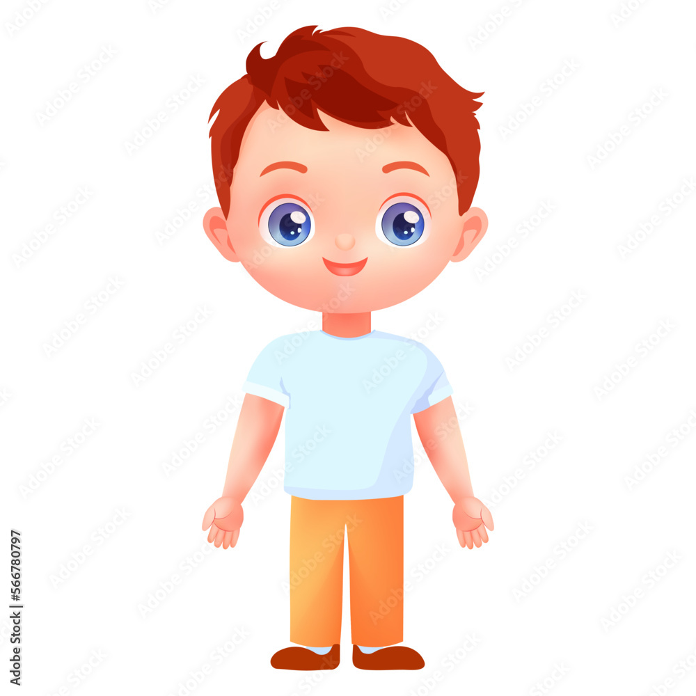 a cute cartoon character boy on a white background and blue t-shirt, digital painting.