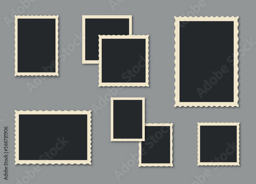 Set of vintage photo frame with retro figured edges on transparent background. Old photo card icon. Template photo design. Vector illustration 10 eps.
