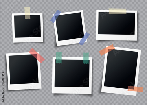 Photo frames realistic. Empty white photos frame vintage with adhesive tapes. Images different forms on wall, blank retro memory album. Wall collage photography mockup set vector isolated.