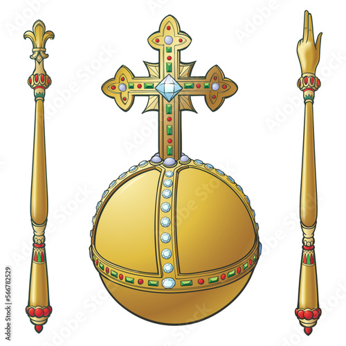 Sceptre and globus cruciger also known as orb. Sign of royal authority. Line drawing coloured and shaded isolated on white background. EPS10 Vector illustration photo